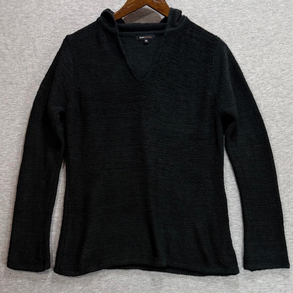 BCBGMAXAZRIA Hooded Sweater Womens XL Black Textured V-Neck Pullover Goth Cozy